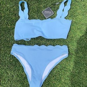 Zaful baby blue scalloped two piece swim suit